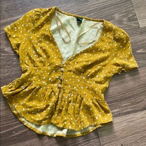 Mustard Yellow Deep V Neck Cottagecore Peplum Top